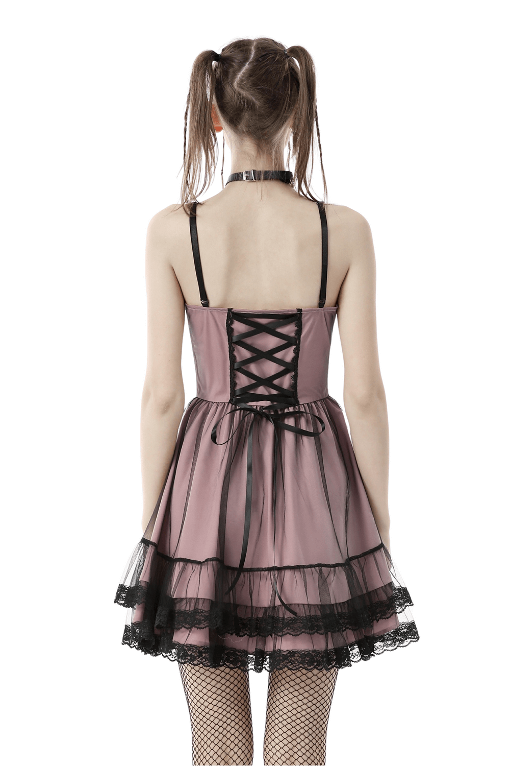 Back view of an elegant gothic mini dress featuring lace-up design and ruffled hem, showcasing black lace details.