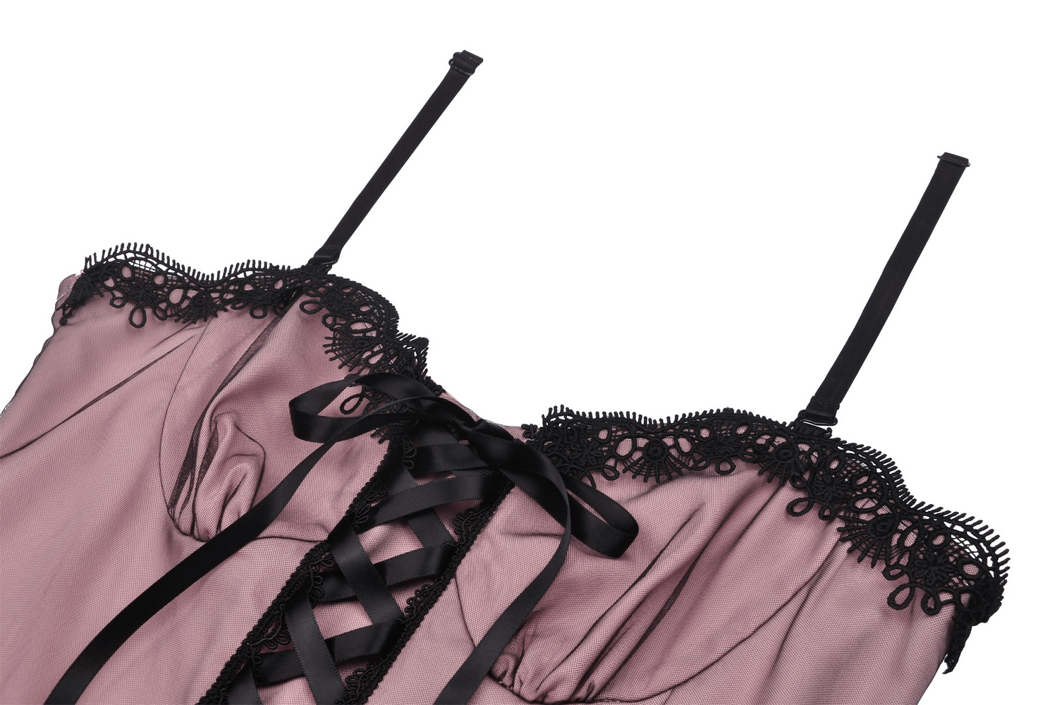 Elegant lace-up mini dress with black lace details and ruffled hem, perfect for a gothic-inspired look.