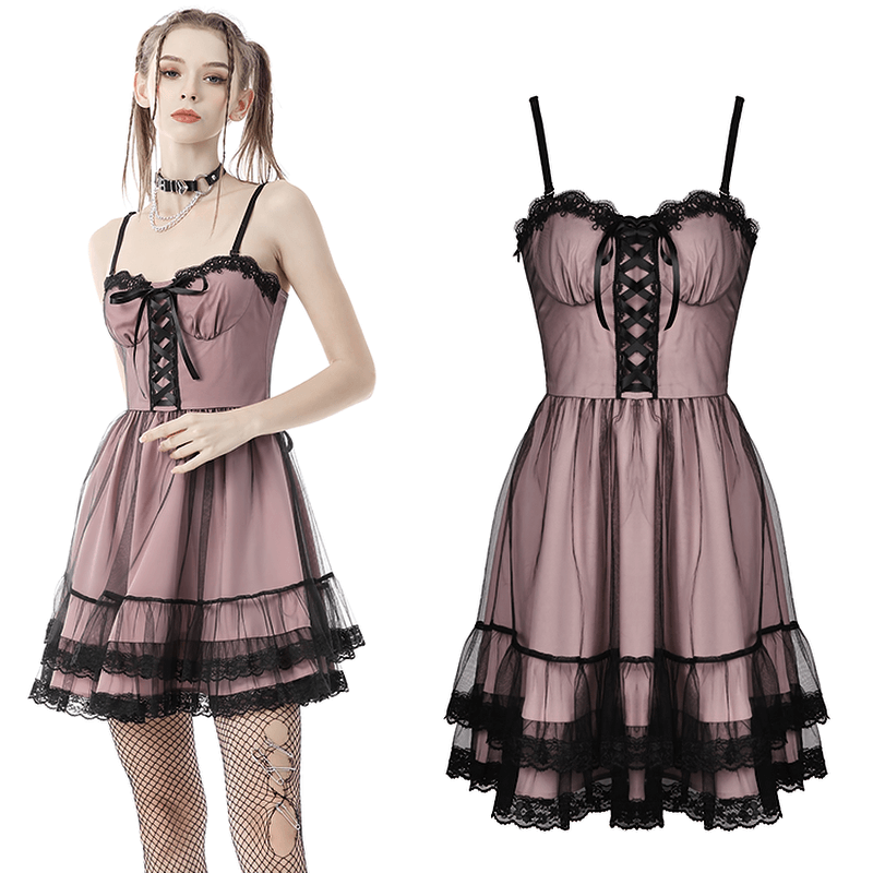 Elegant lace-up gothic mini dress with ruffled hem and delicate black lace accents.