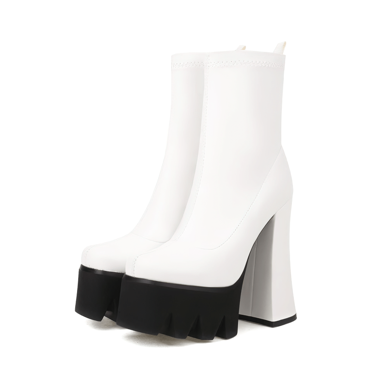 Elegant white grunge platform boots with black soles, perfect for adding flair to any casual outfit.