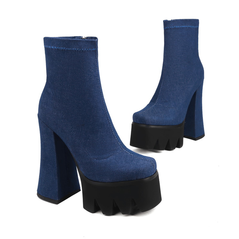 Stylish blue high heel boots with chunky black platform for a trendy casual look.