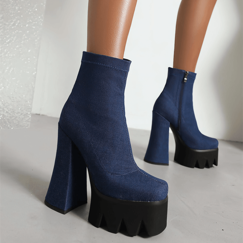 Elegant blue high heel platform boots for women, featuring a stylish zip closure and casual design.