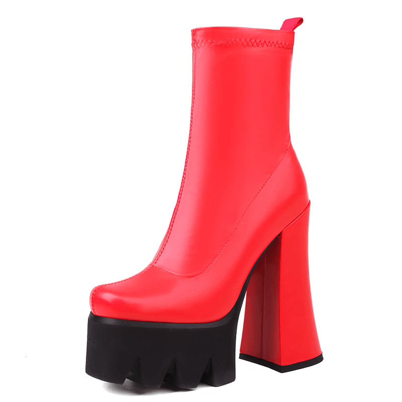 Eye-catching red platform boots with high block heels for a bold fashion statement.