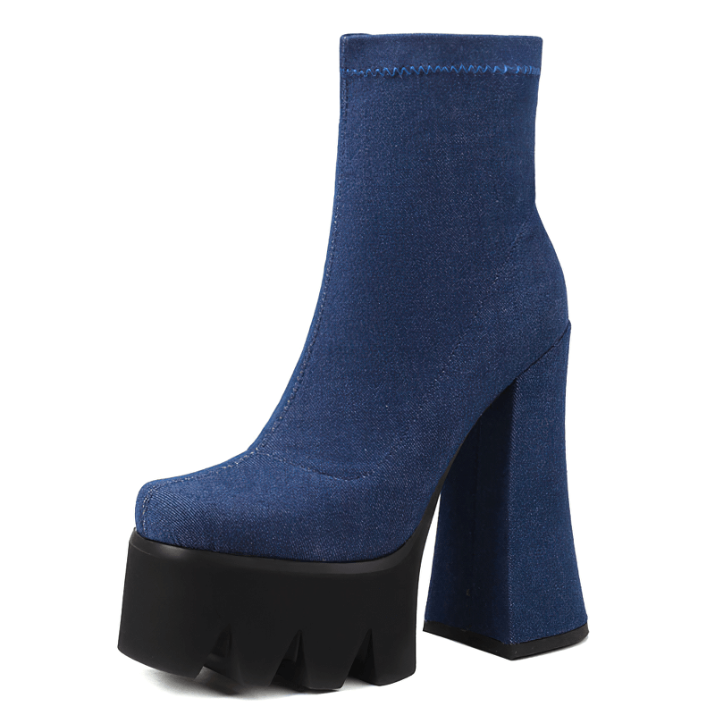 Chic blue platform ankle boots with chunky heels, perfect for adding height to your casual outfits.
