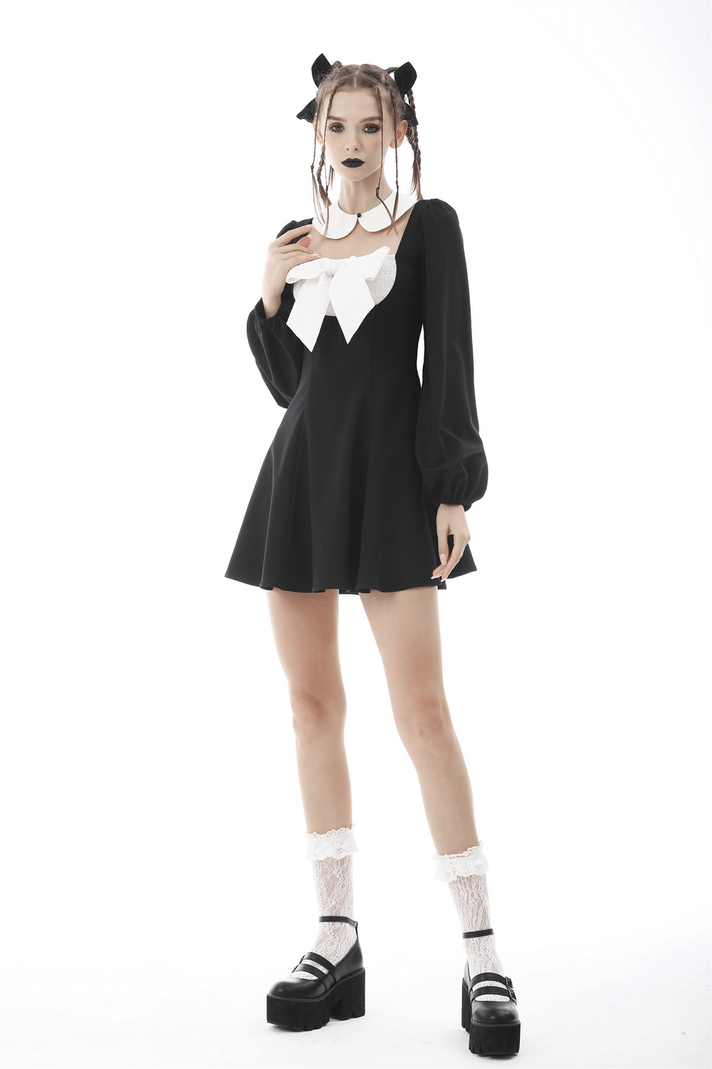 Elegant Lolita Black Dress with White Bowknot and Collar