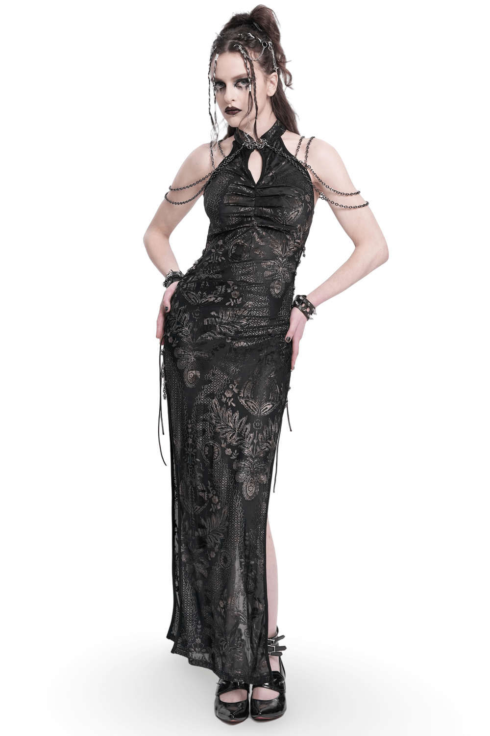 Elegant long gothic lace dress with chain detail and side slits, perfect for gothic fashion lovers.