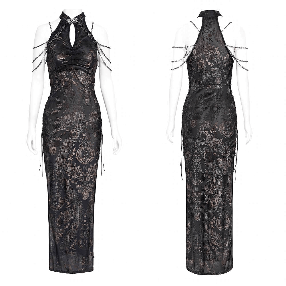Elegant long gothic lace dress with chain detail, featuring floral embroidery and side slits for a customizable look.
