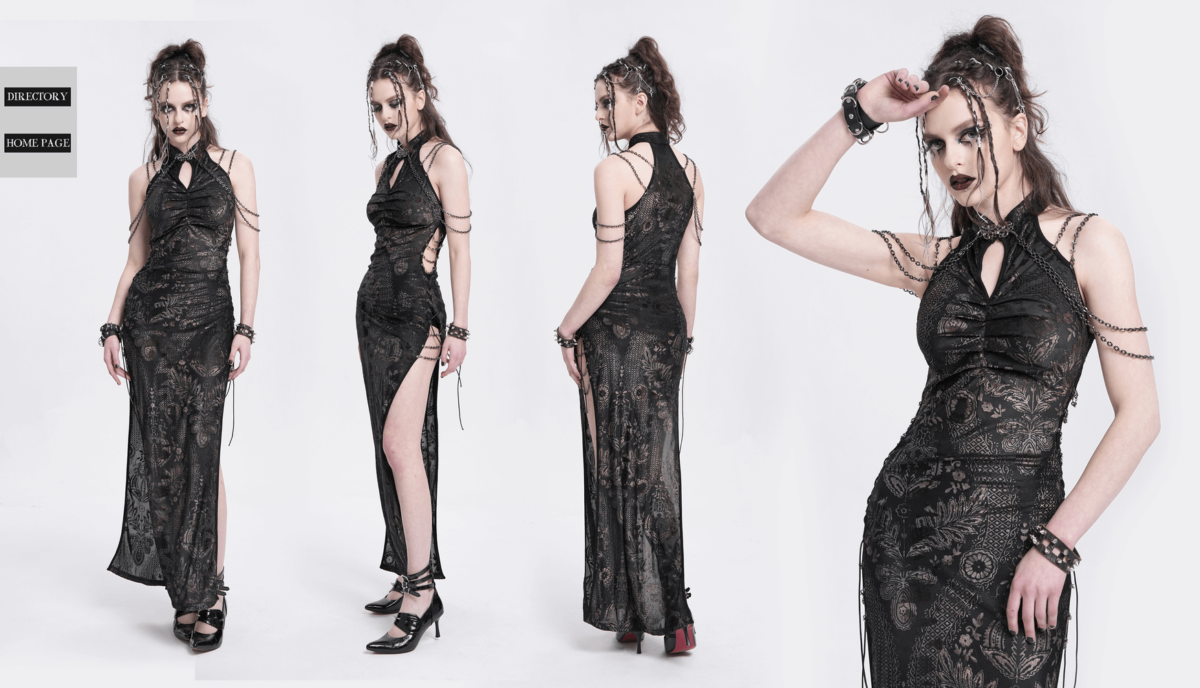 Elegant long gothic lace dress showcasing chain accents and side slits, perfect for a striking gothic fashion statement.