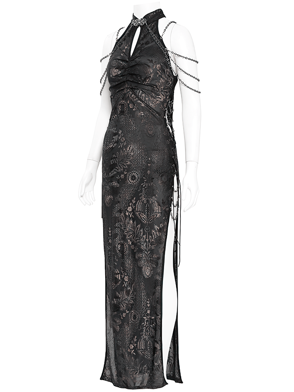 Elegant long gothic lace dress with chain details and side slits, perfect for gothic fashion enthusiasts.