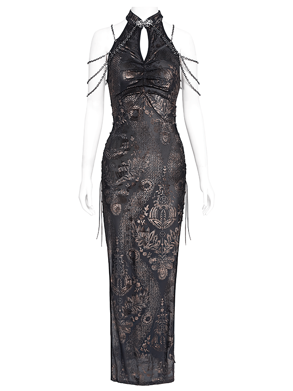 Elegant long gothic lace dress with chain accents and side slits, perfect for gothic fashion lovers.