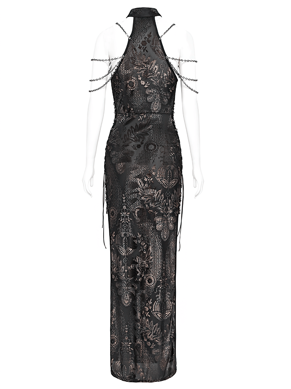 Elegant gothic lace dress with chain accents and floral embroidery, featuring adjustable side slits and high neckline.