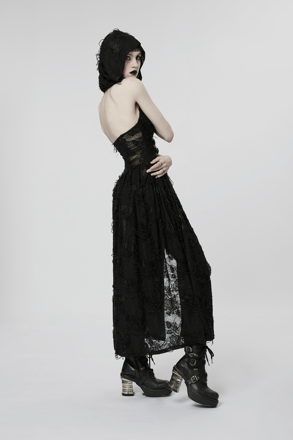 Elegant long hooded black lace gothic coat for women, showcasing intricate lace detailing and a dramatic silhouette.