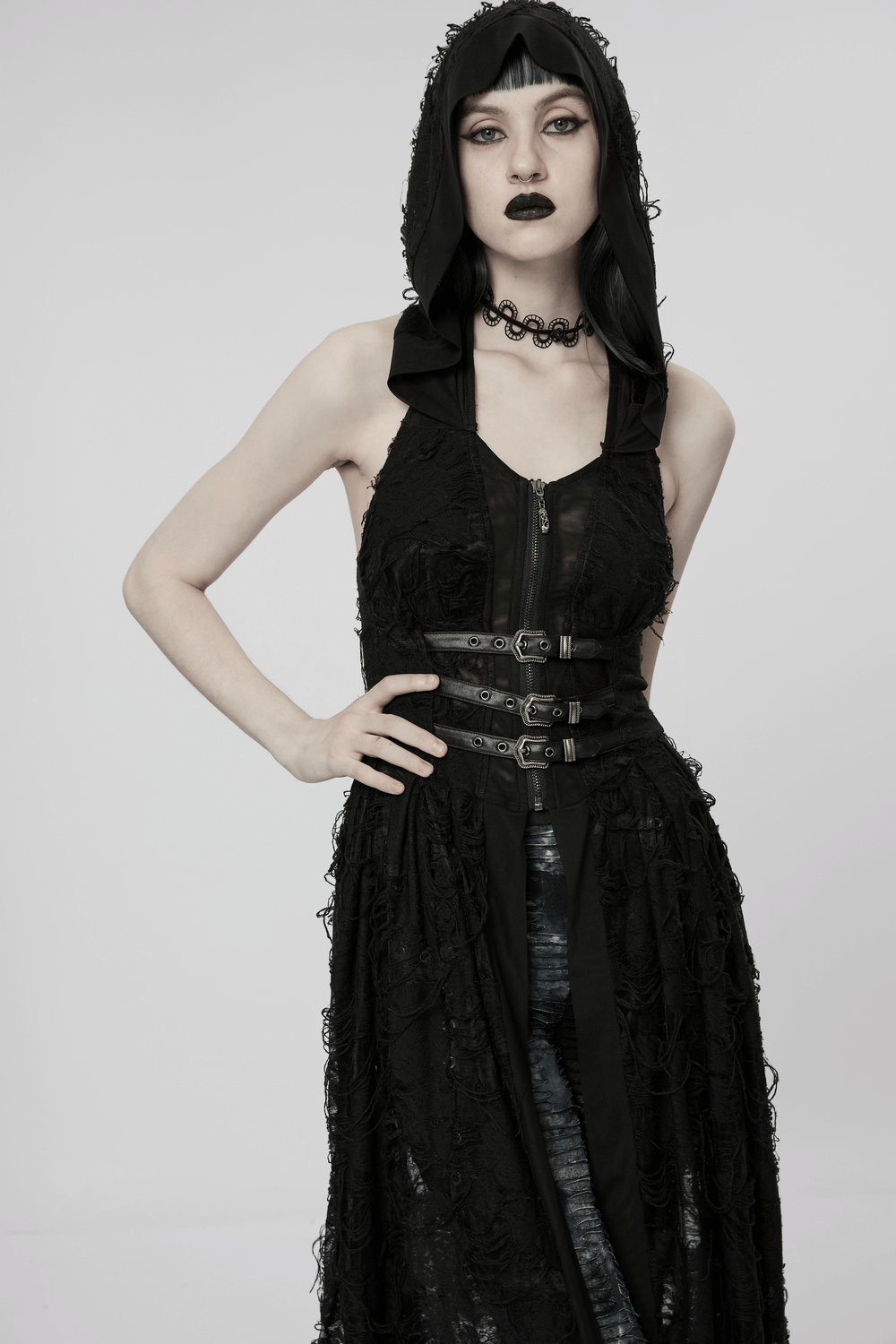 Elegant long hooded lace gothic coat featuring intricate lace and adjustable corset back for a darkly enchanting look.