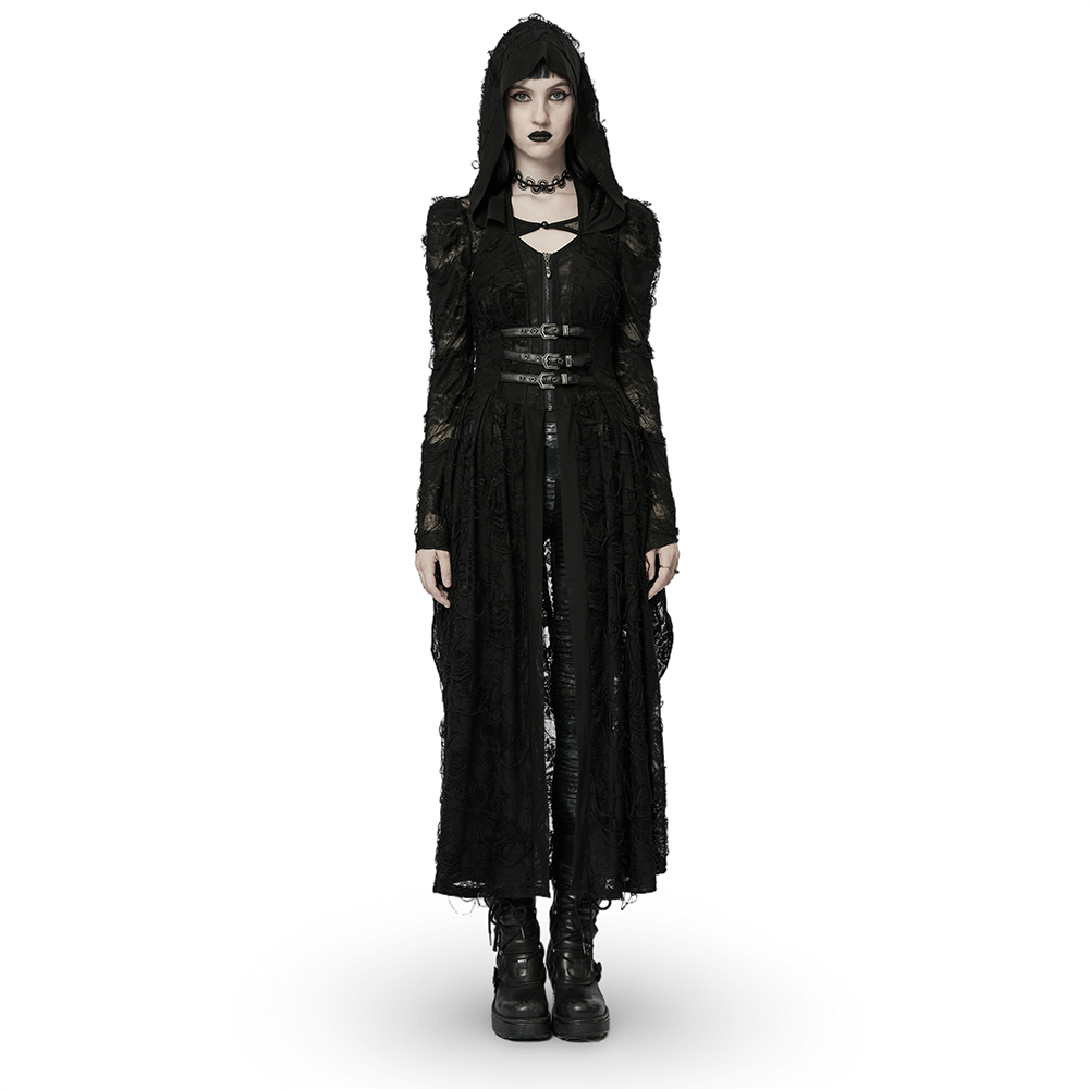 Elegant long hooded black lace gothic coat for women, featuring intricate lace and a corset back, perfect for dark elegance.