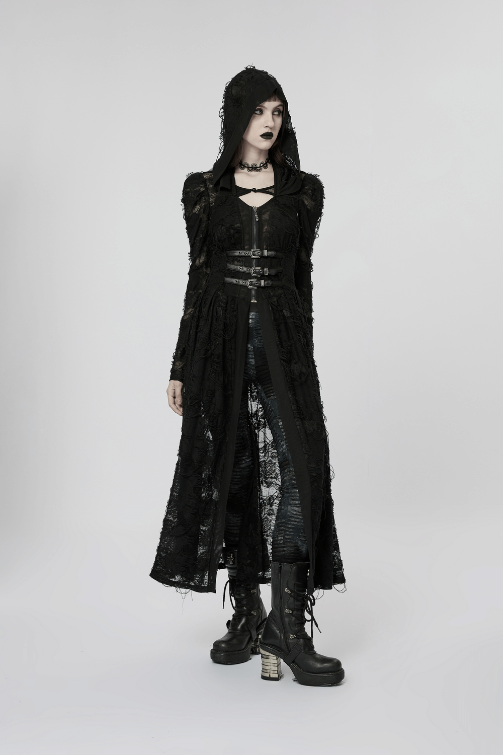Elegant long hooded lace gothic coat on a model, showcasing intricate lace detailing and a dramatic silhouette.