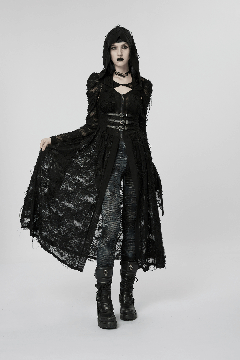Elegant Long Hooded Lace Gothic Coat for Women - HARD'N'HEAVY
