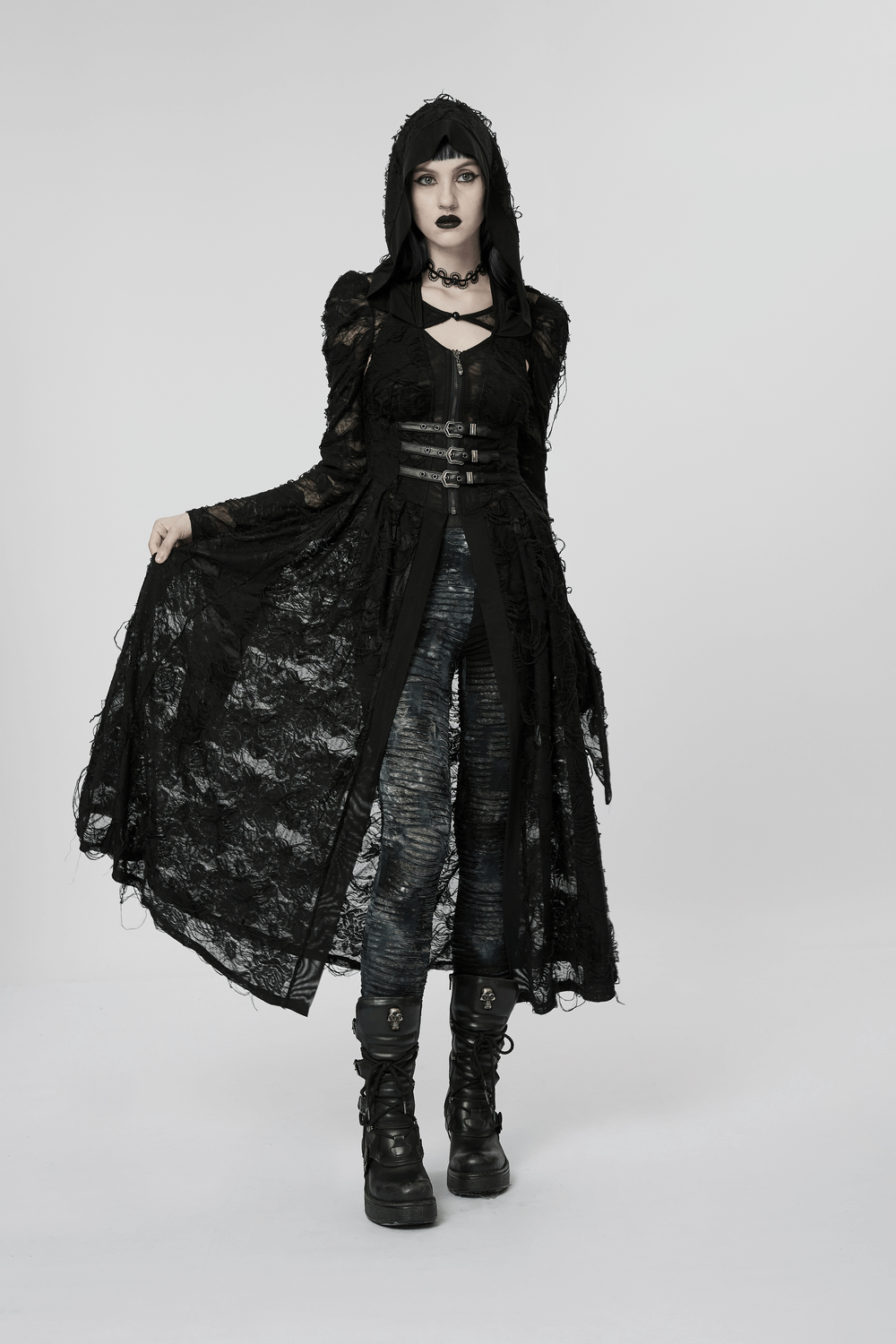Elegant long hooded black lace gothic coat with intricate detailing, styled with edgy black boots.