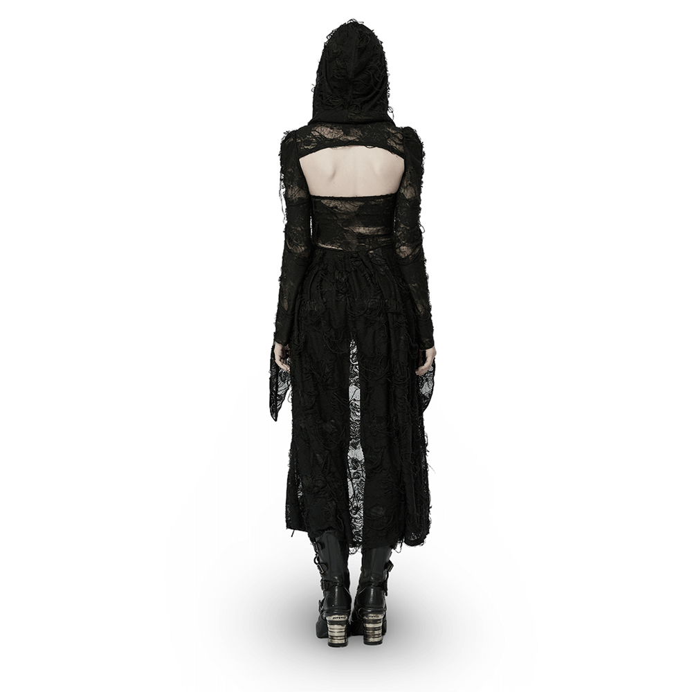 Back view of an elegant long hooded black lace gothic coat for women, featuring intricate details and a dramatic silhouette.