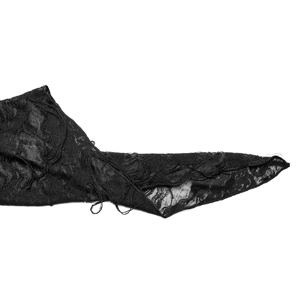 Close-up of intricate black lace, showcasing the delicate texture and vintage gothic design elements.