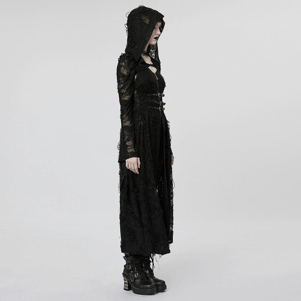 Elegant long hooded lace gothic coat for women, featuring intricate lace and corset detailing, perfect for a dark vintage style.