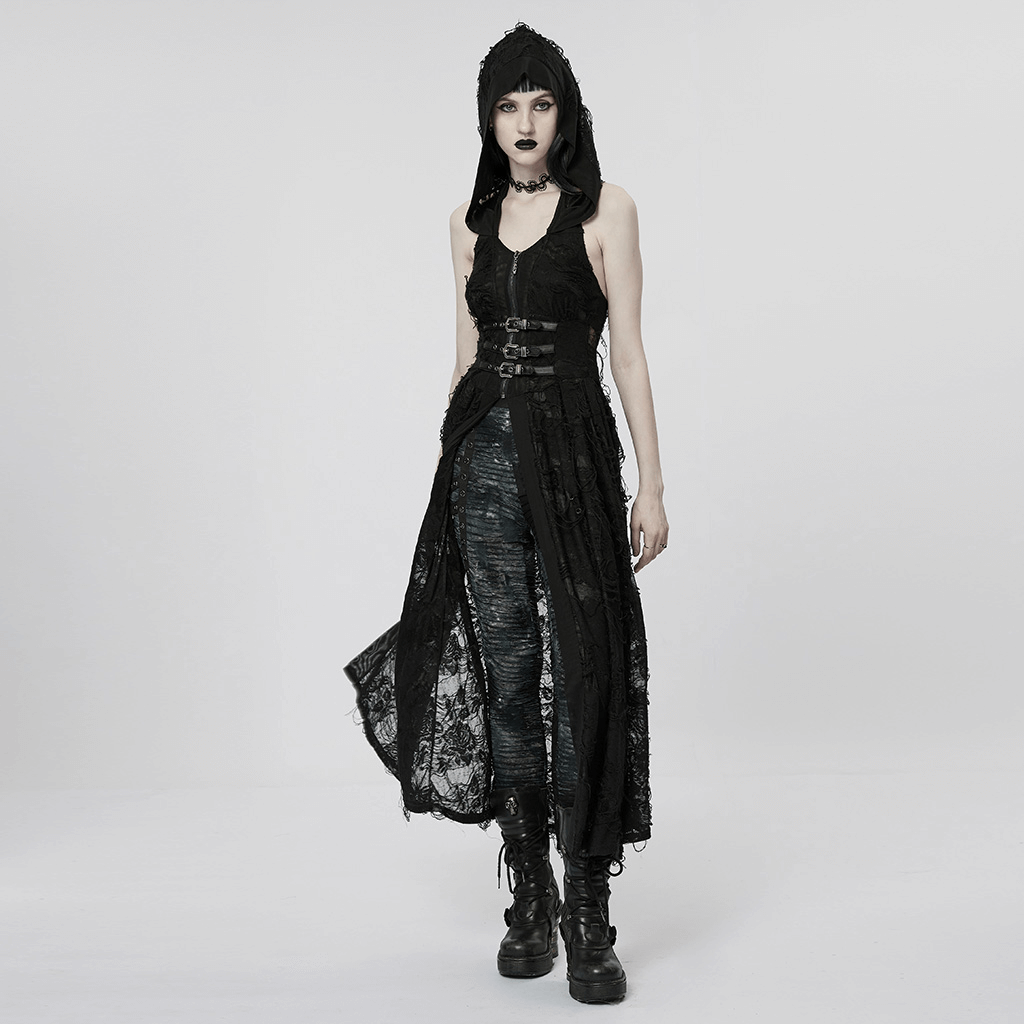 Elegant long hooded black lace gothic coat on model, showcasing intricate detailing and dark vintage style.