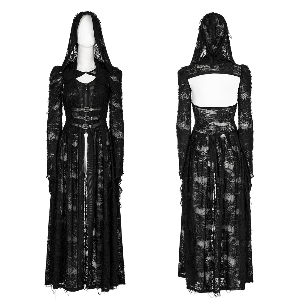 Elegant long hooded black lace gothic coat featuring intricate details and dramatic silhouette.