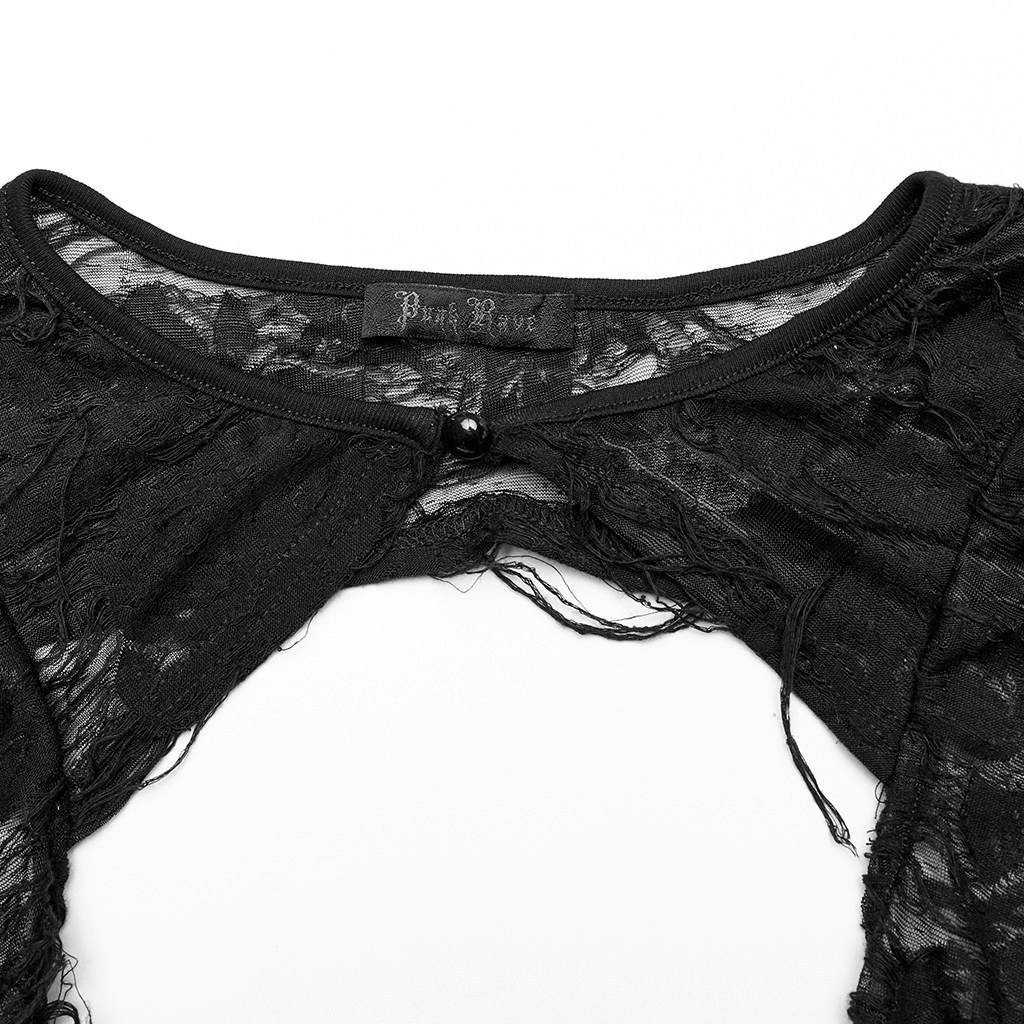 Elegant black lace neckline of vintage gothic coat showcasing intricate detailing and button closure.