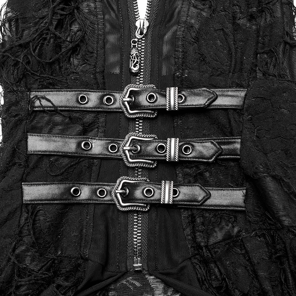 Close-up of corset back detailing on a black lace gothic coat with adjustable straps and zipper.