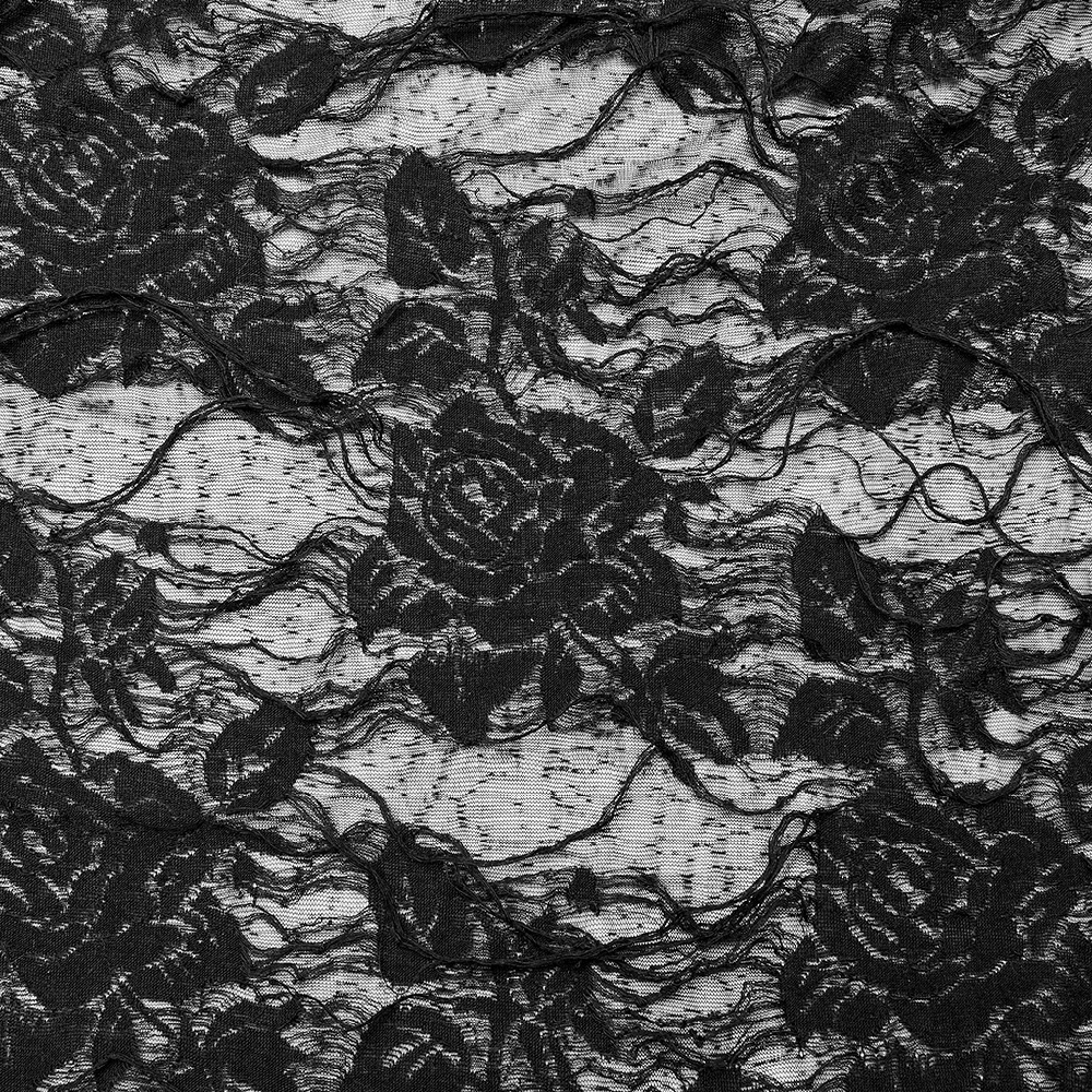 Elegant black lace fabric with intricate rose pattern, perfect for gothic fashion and vintage-inspired designs.