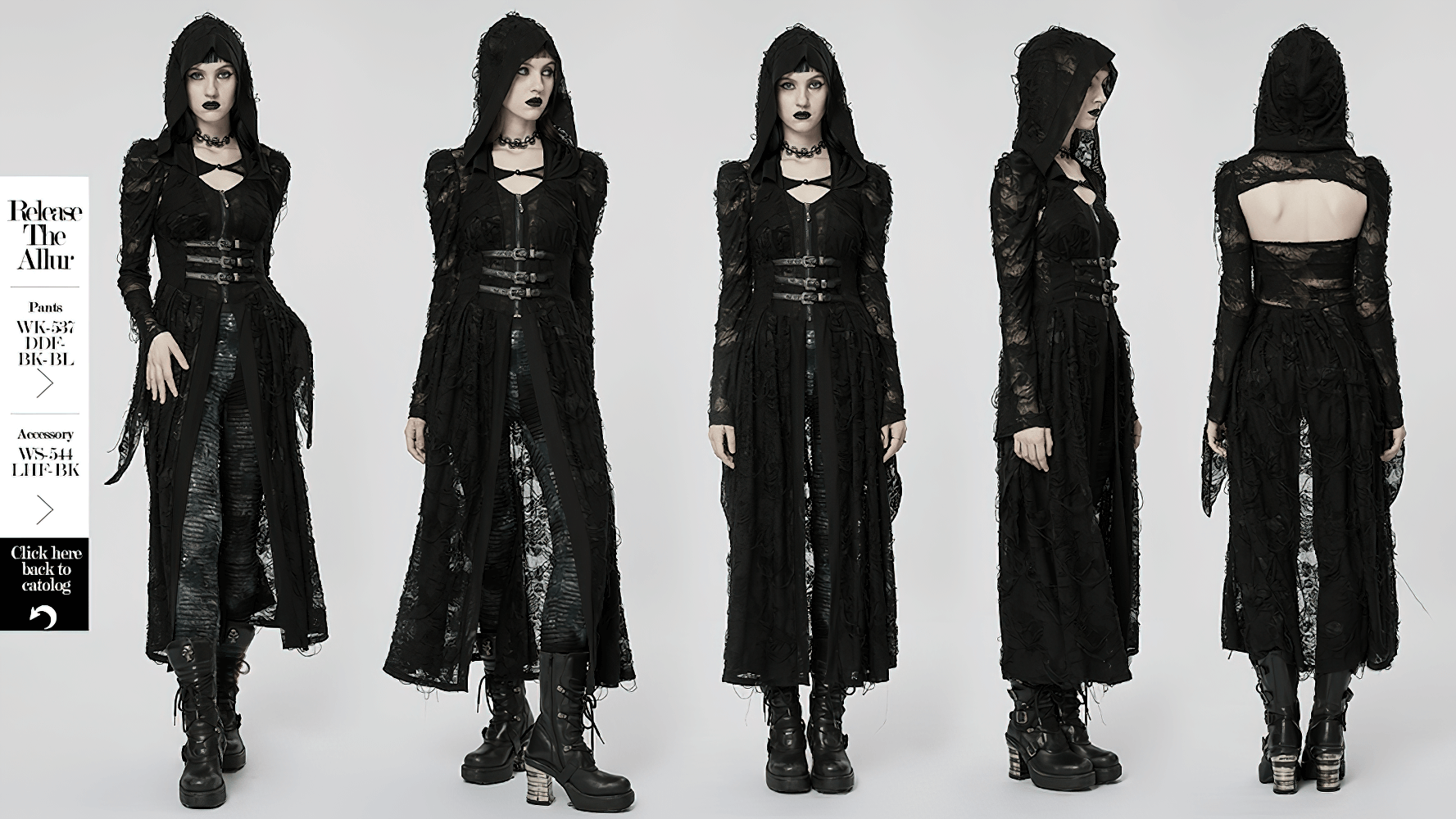 Elegant long hooded lace gothic coat showcasing intricate detailing and dark charm from multiple angles.