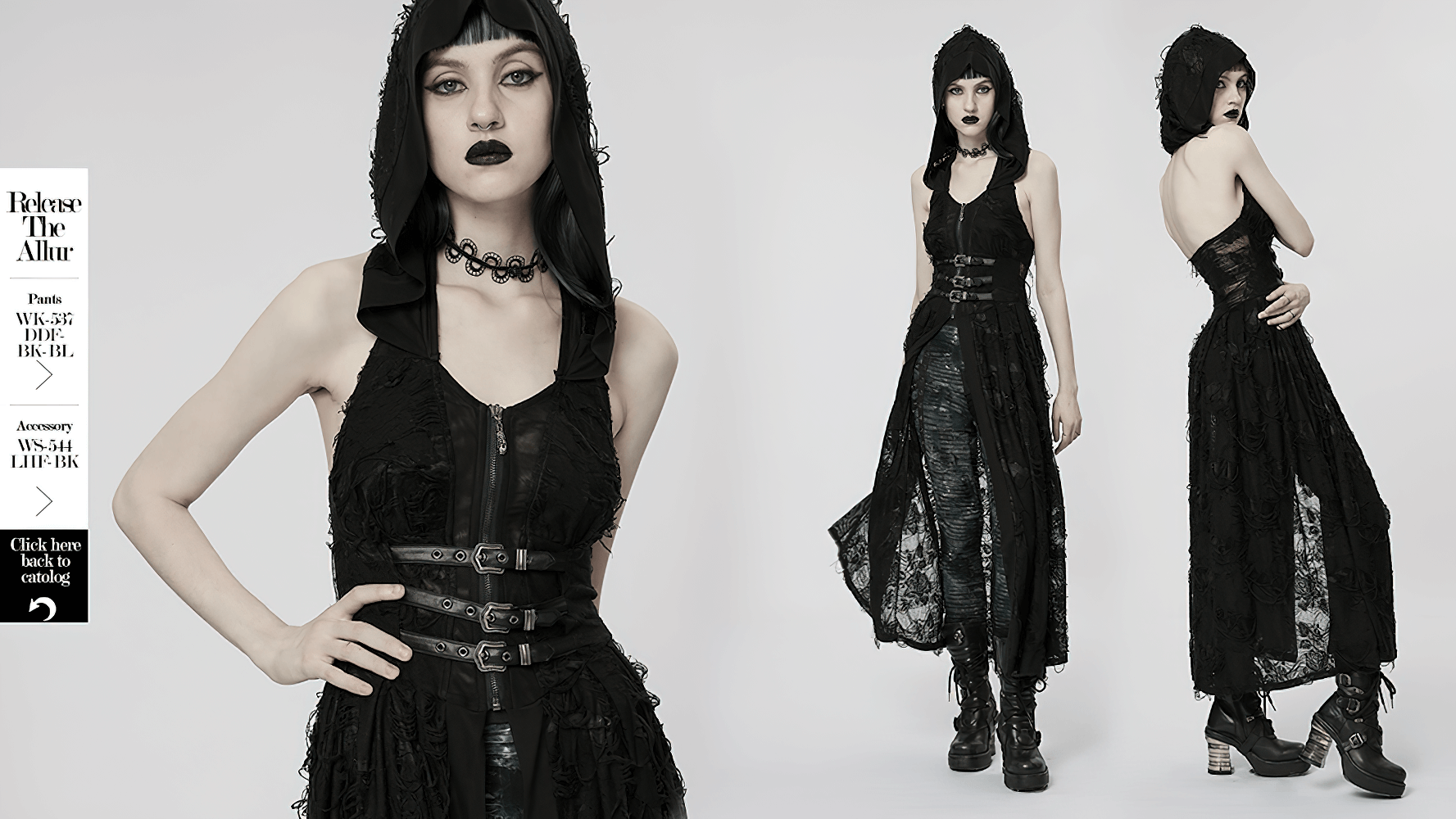 Elegant long hooded black lace gothic coat for women, showcasing intricate lace details and a dramatic hood.