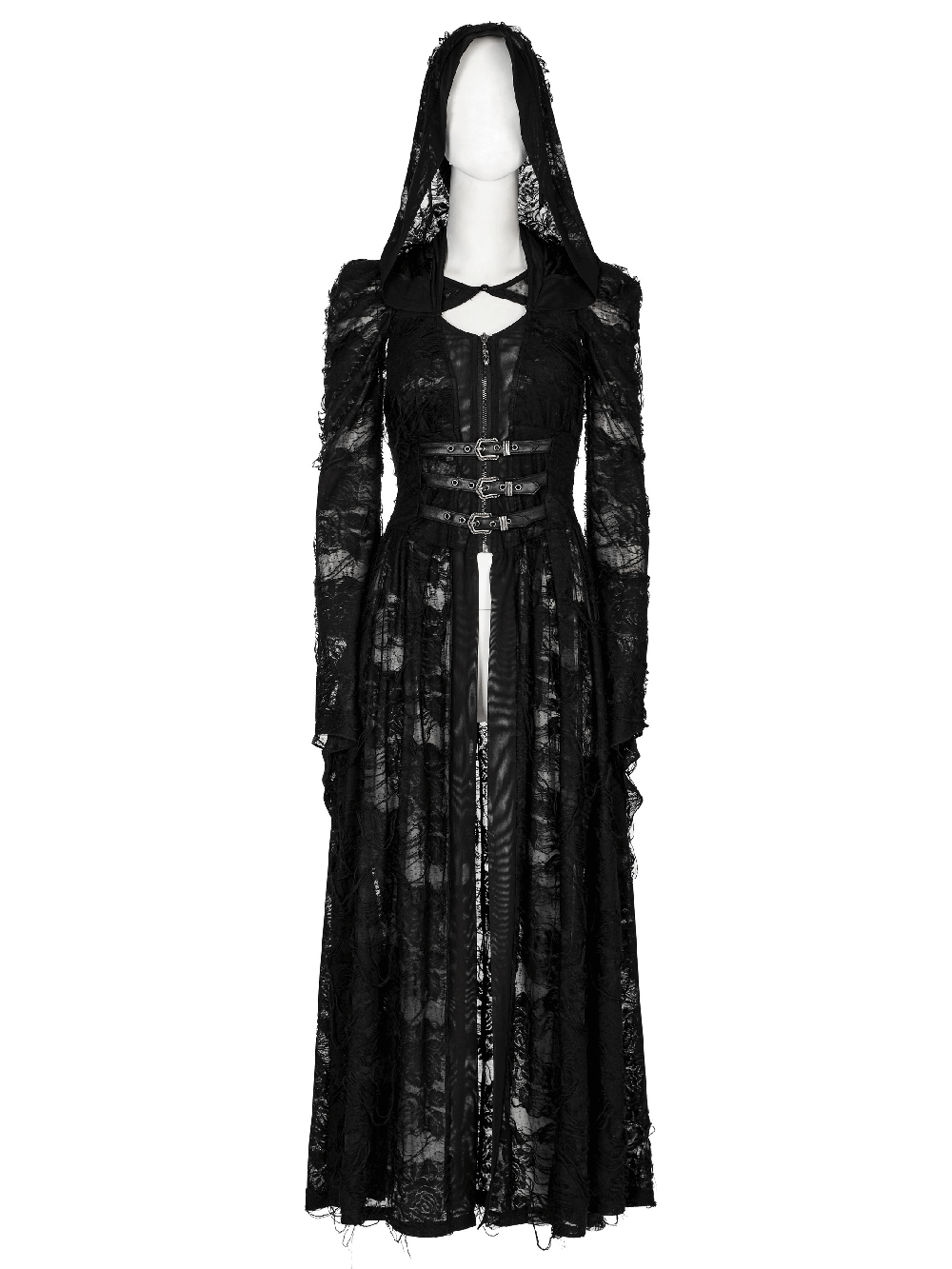 Elegant long hooded black lace gothic coat for women with intricate details and flared sleeves.