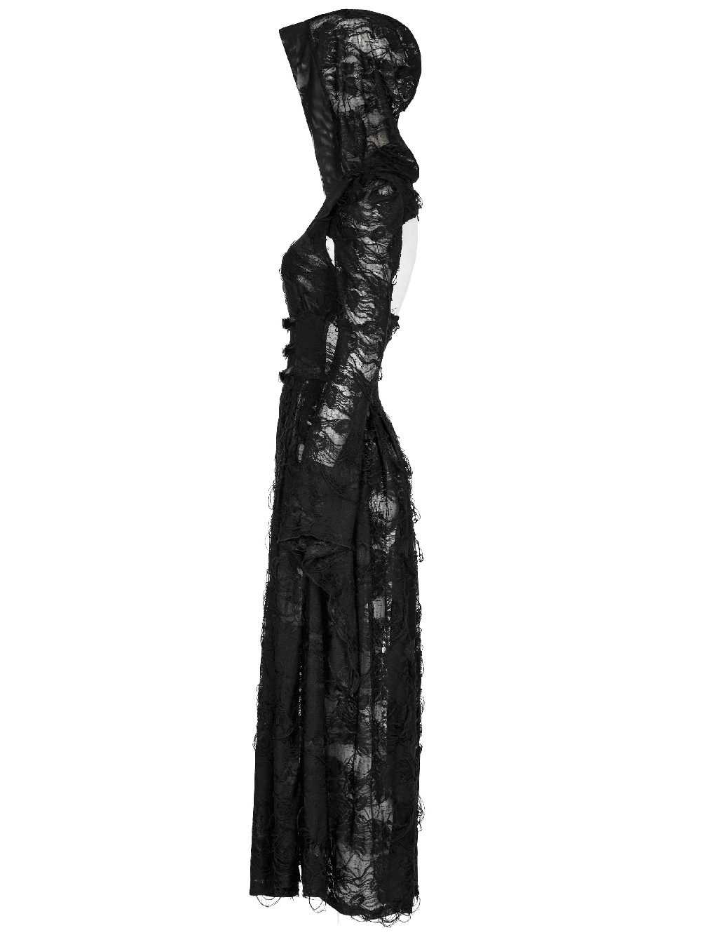 Elegant long hooded lace gothic coat for women, featuring intricate lace and a dramatic design, perfect for dark fashion.