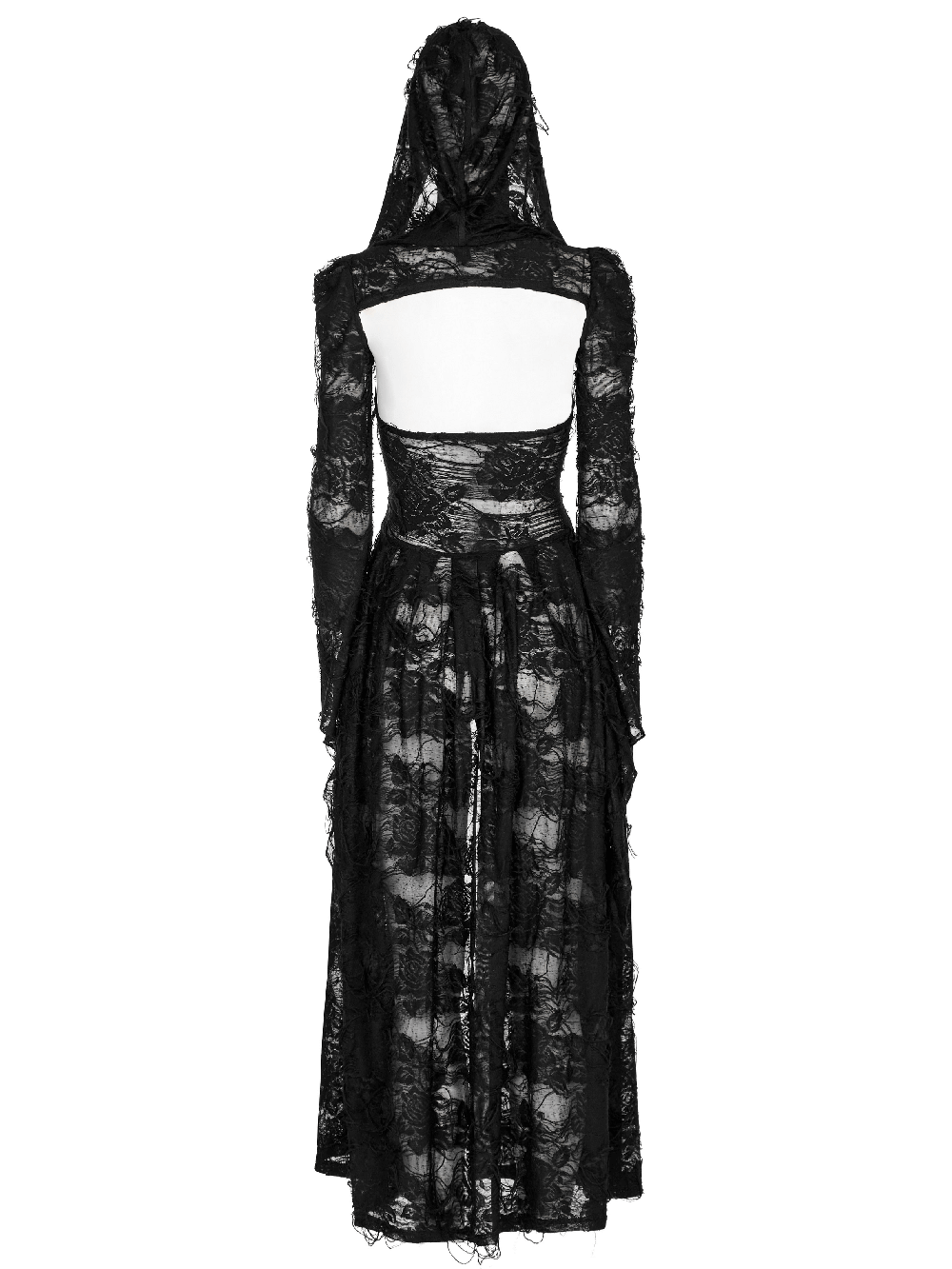 Back view of an elegant long hooded black lace gothic coat with intricate detailing and a corset back.