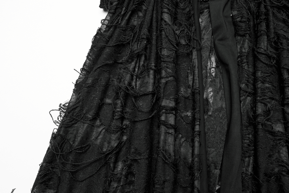 Elegant long hooded gothic coat in black lace with intricate detailing and dramatic texture.