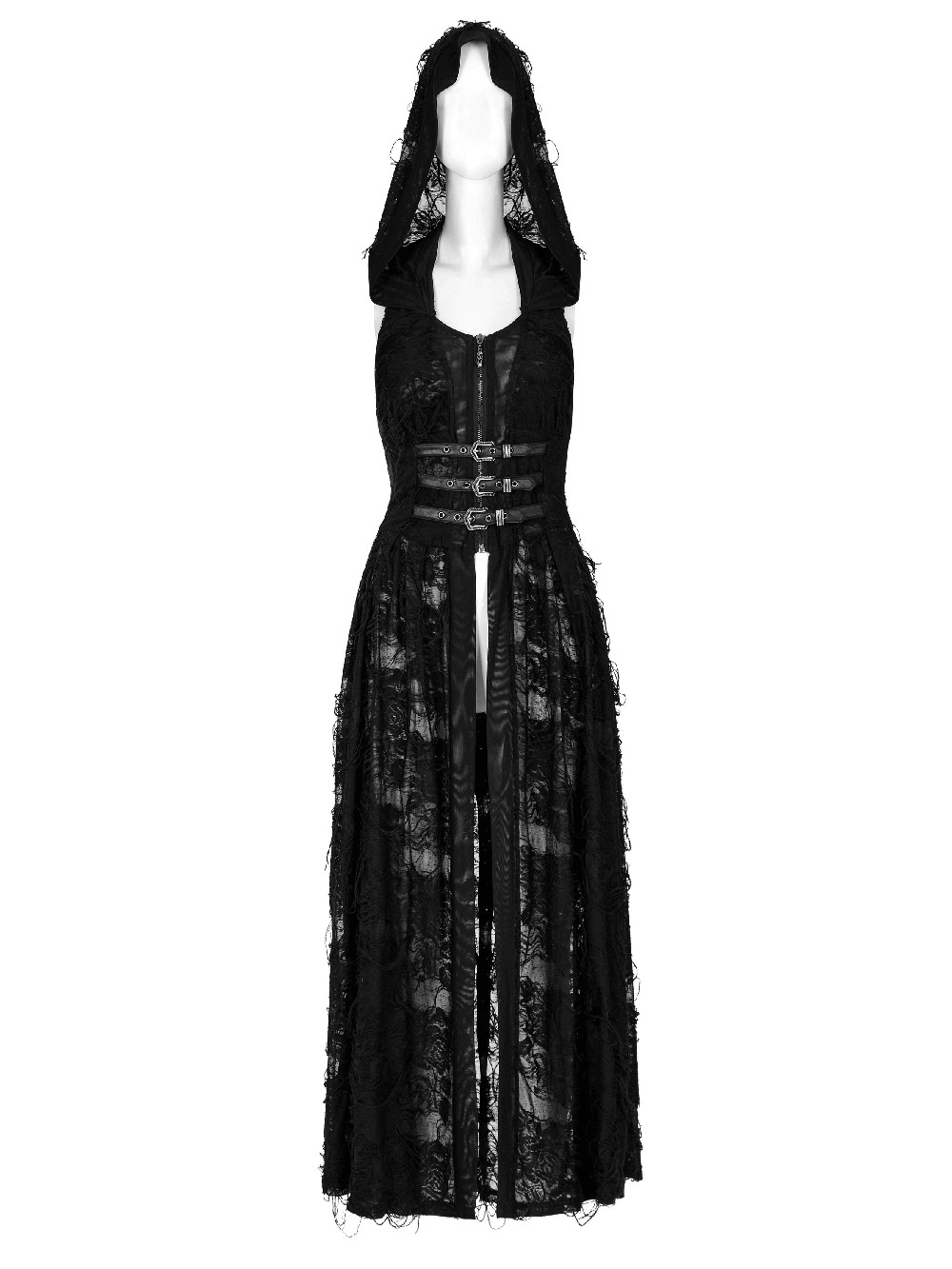 Elegant long hooded black lace gothic coat for women, featuring intricate detailing and a flattering corset back.