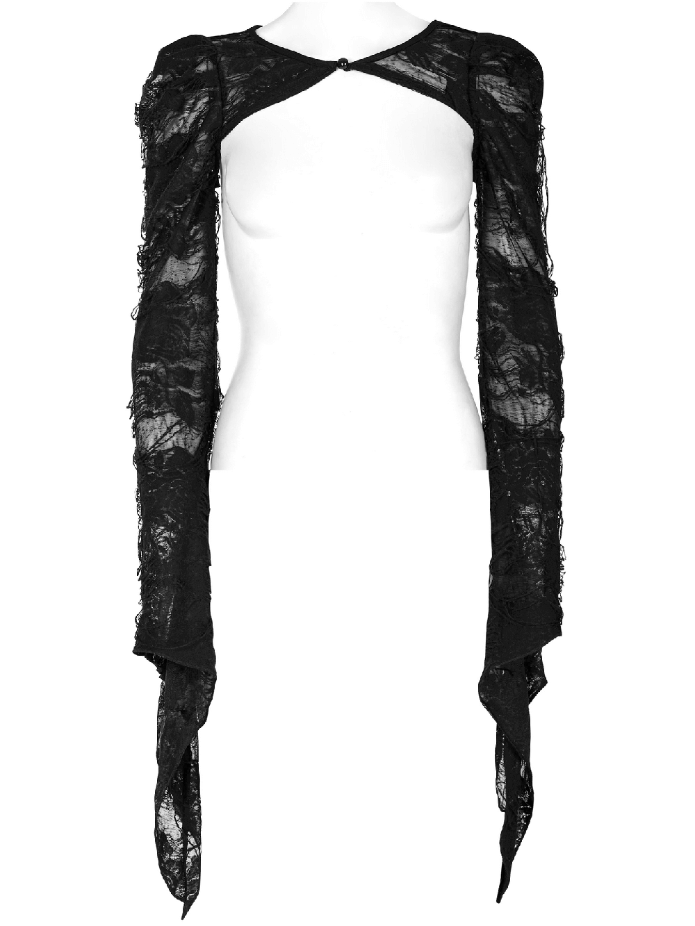 Elegant long hooded black lace gothic coat for women with intricate detailing and dramatic sleeves.