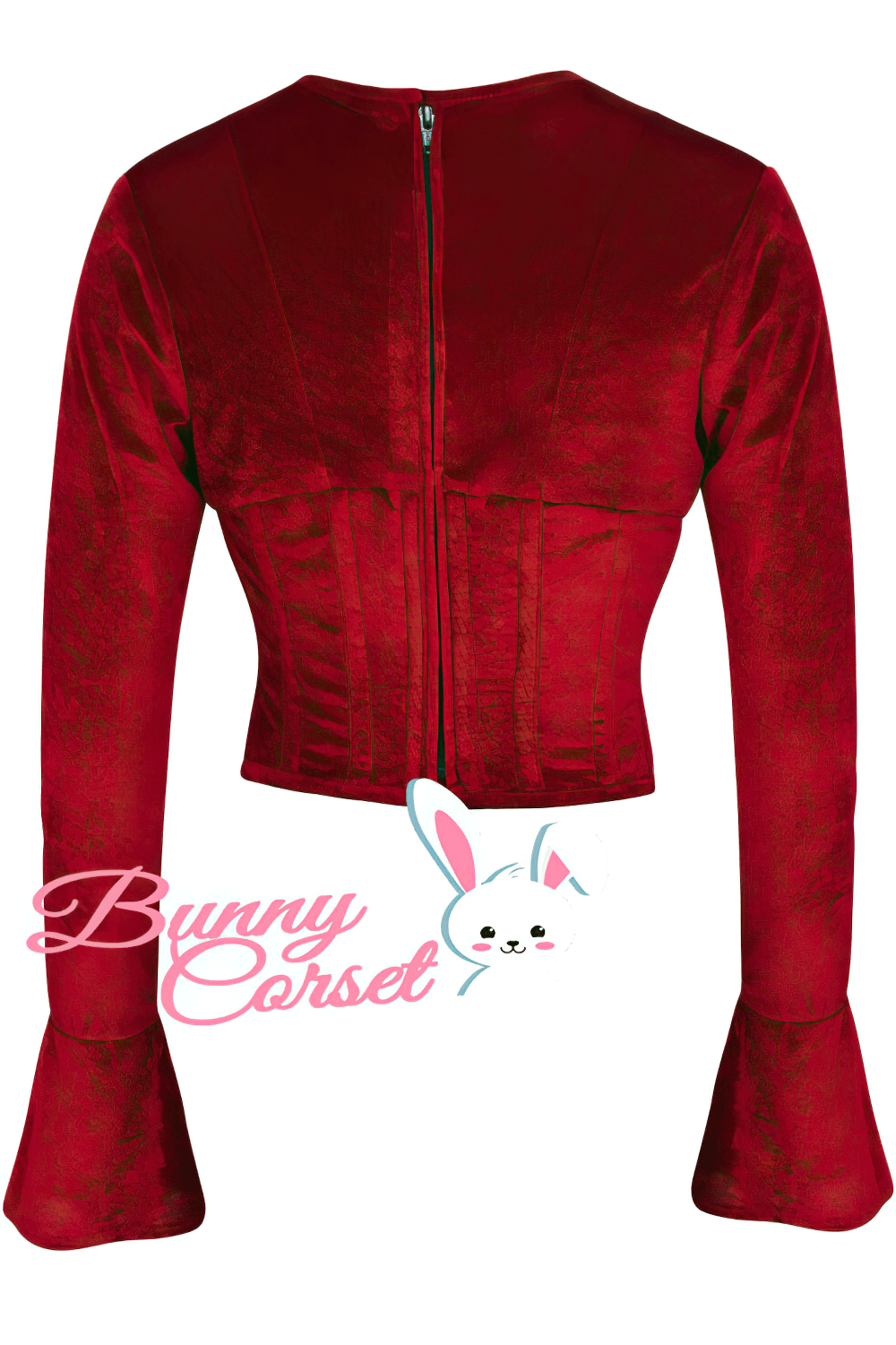 Back view of a red long sleeve corset top with bell sleeves and zipper closure, perfect for gothic and vintage styles.