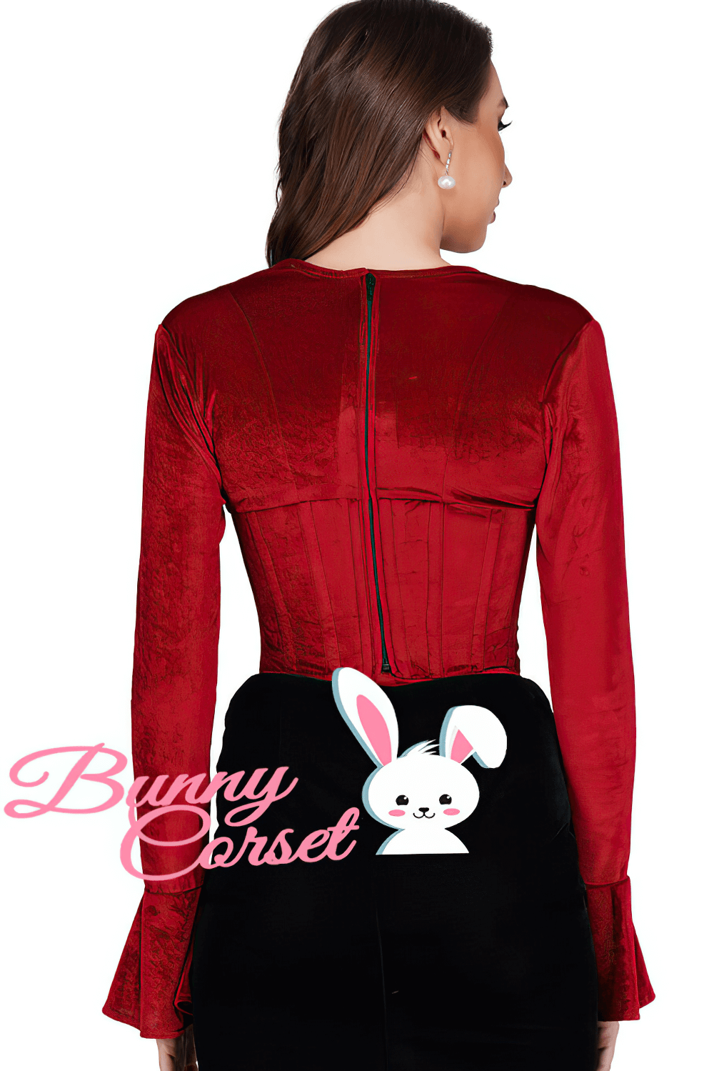 Back view of elegant red corset top with bell sleeves and zipper closure, perfect for gothic and vintage styles.