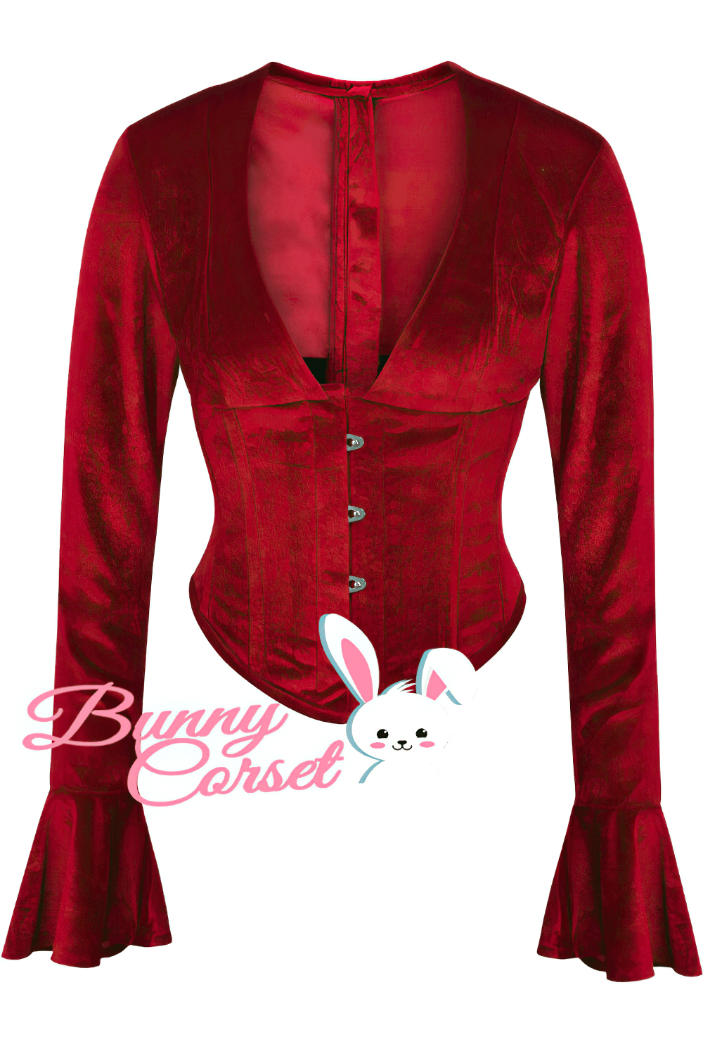 Elegant red long sleeve corset top with bell sleeves and front closure, perfect for gothic and vintage styles.