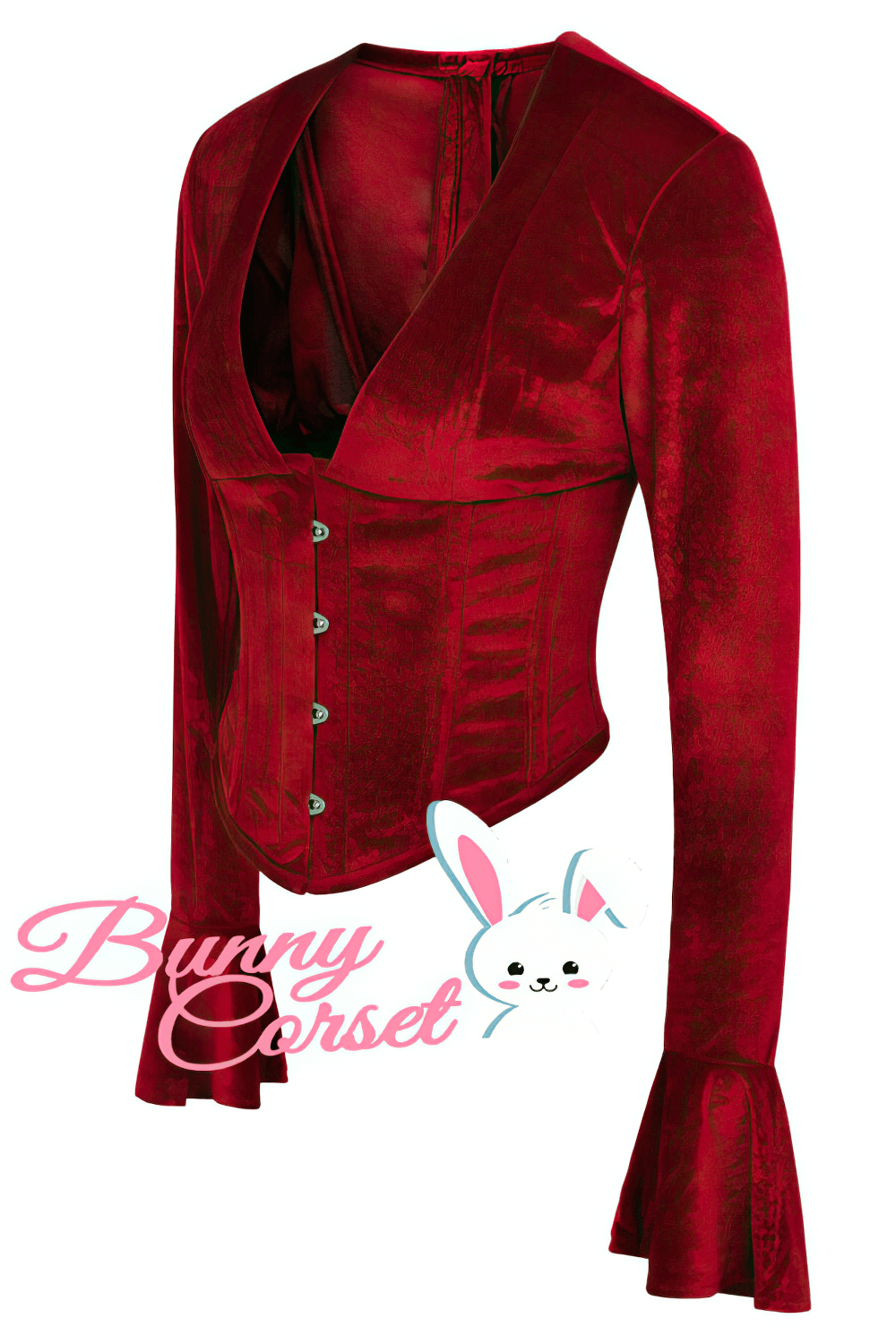 Elegant red corset top with bell sleeves, V-neckline, and front button closure, perfect for gothic or vintage styles.