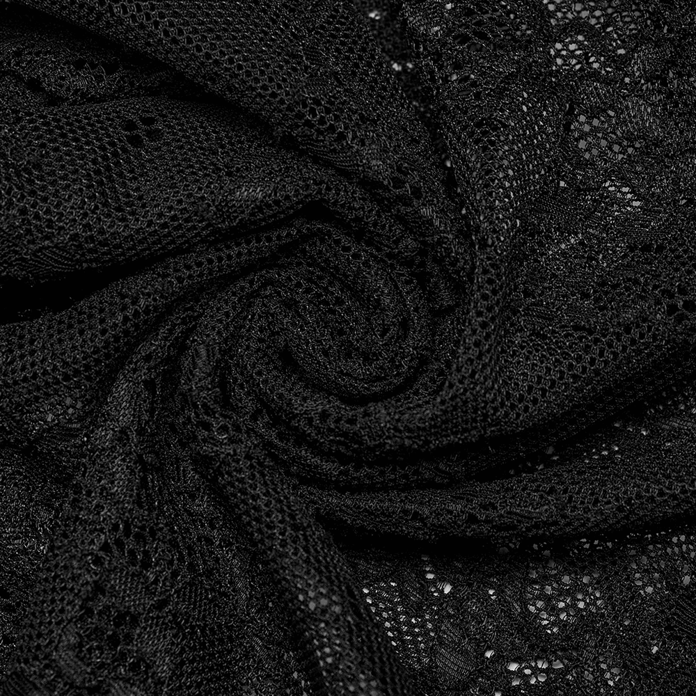 Elegant black lace fabric in a spiral, showcasing intricate texture perfect for formal attire.