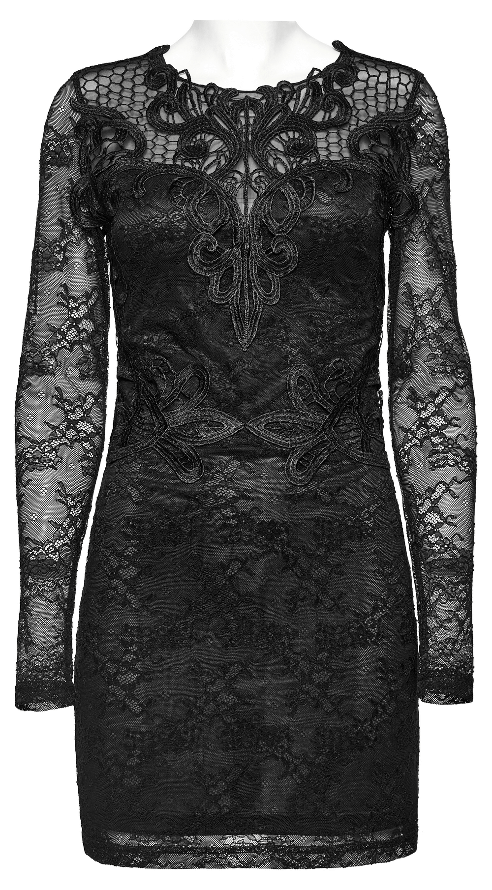 Elegant long sleeved black lace formal dress with intricate embroidery and slim fit silhouette.