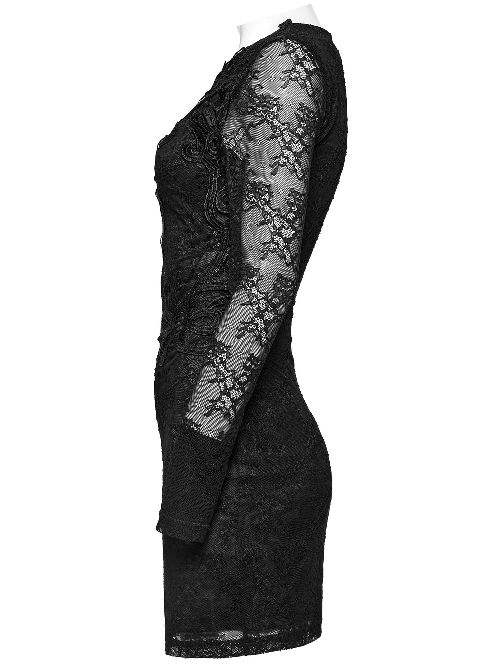 Elegant long sleeved black lace slim fit dress with intricate embroidery and sexy design.
