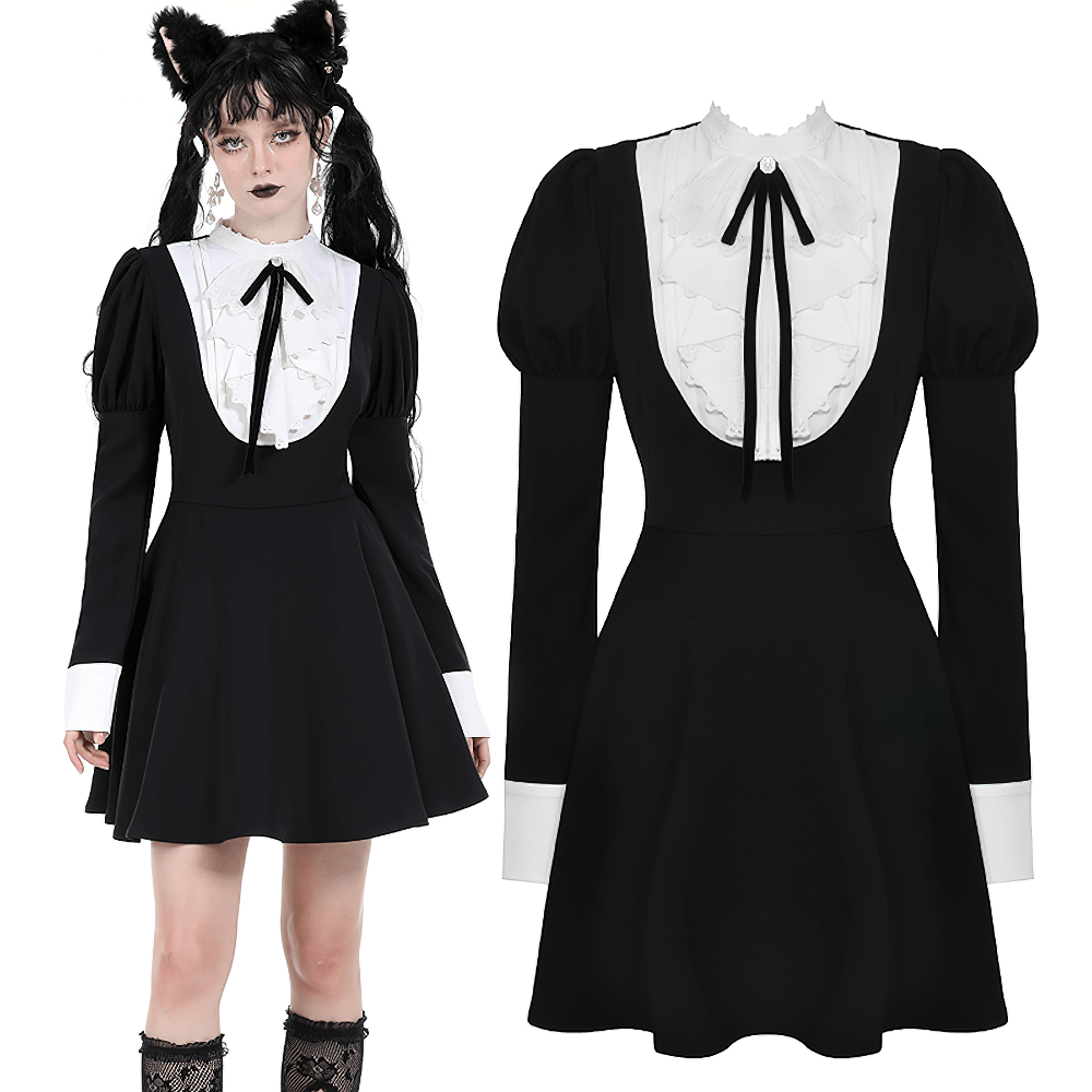 Elegant long sleeves black dress featuring a white ruffled collar and bow details, perfect for special occasions.