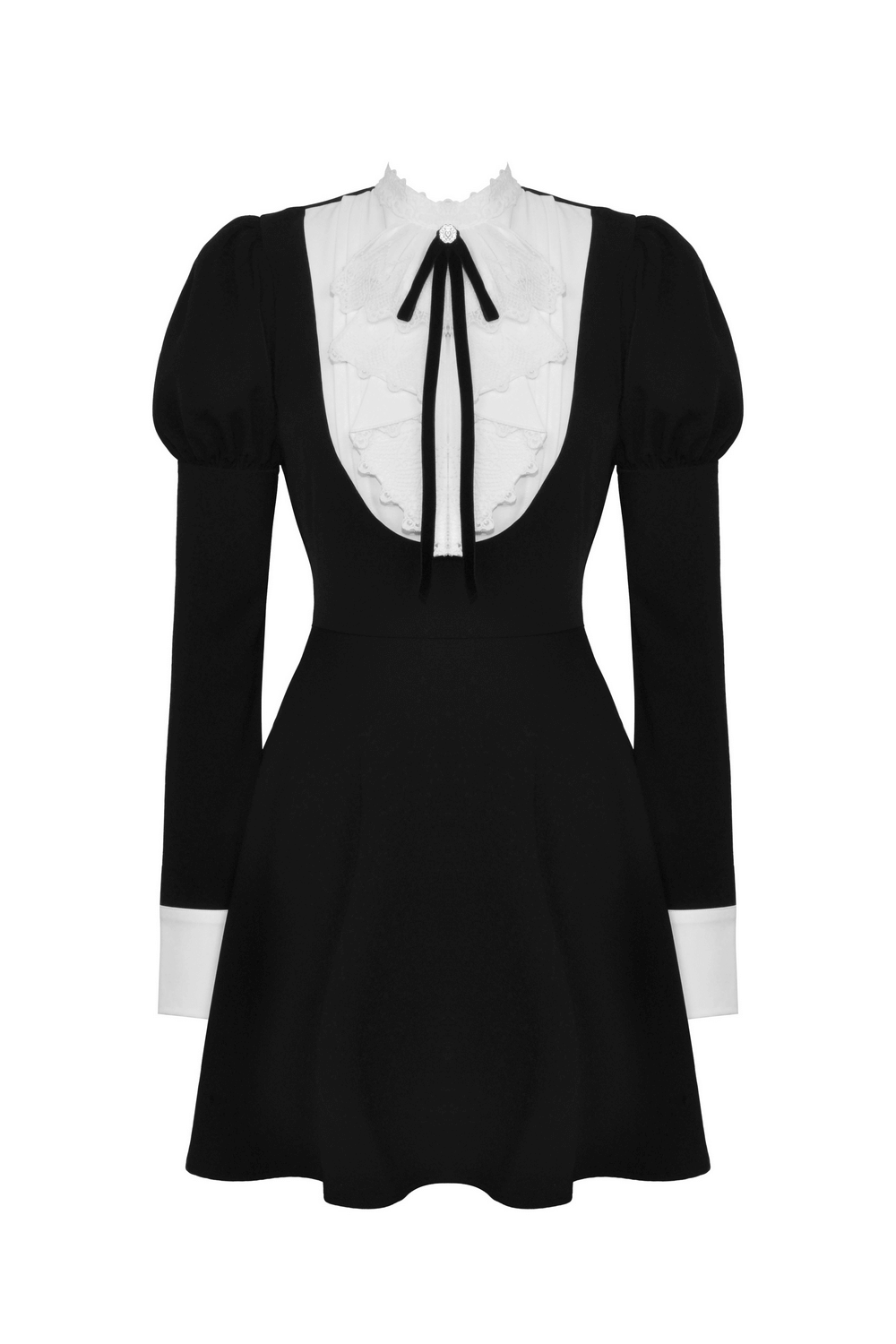 Elegant long sleeve black dress with white ruffled collar and bow detailing for women.