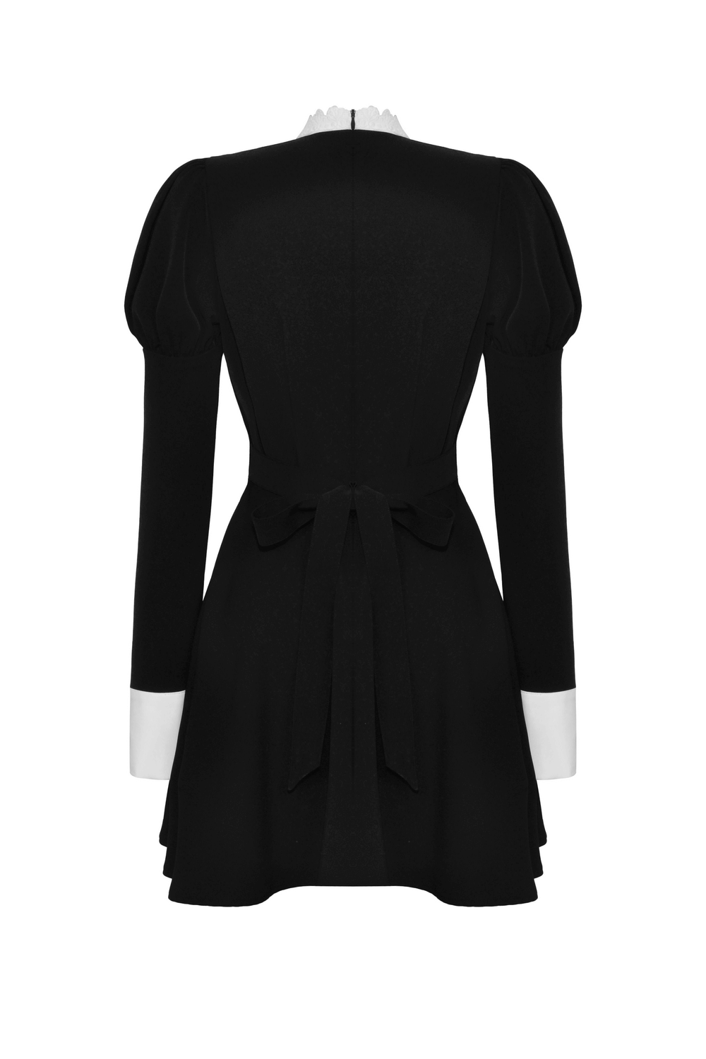 Elegant long sleeves black dress with white ruffled collar and bow detail, showcasing a flattering silhouette.