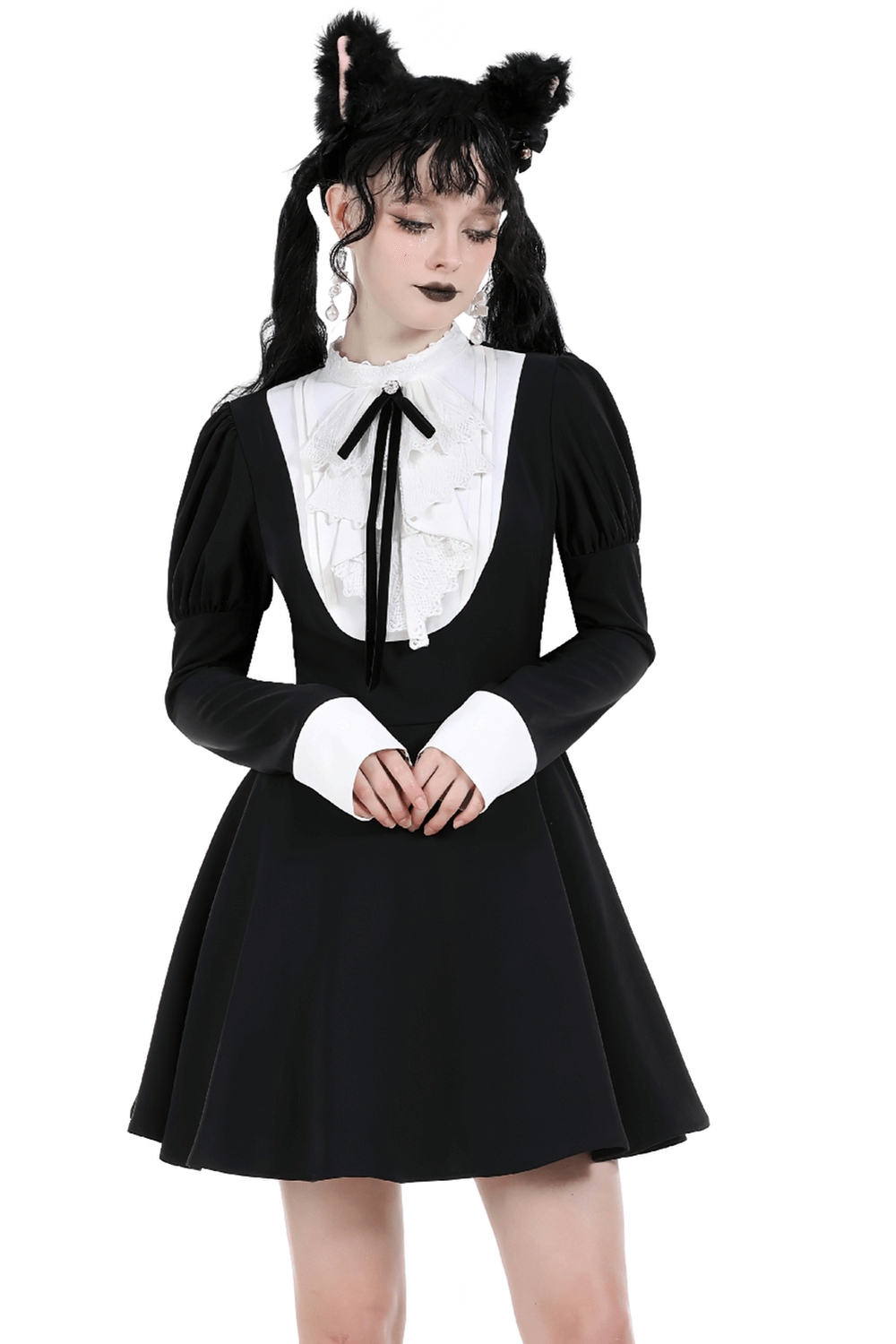 Elegant black long sleeves dress with white ruffled collar and bow, perfect for special occasions and social gatherings.