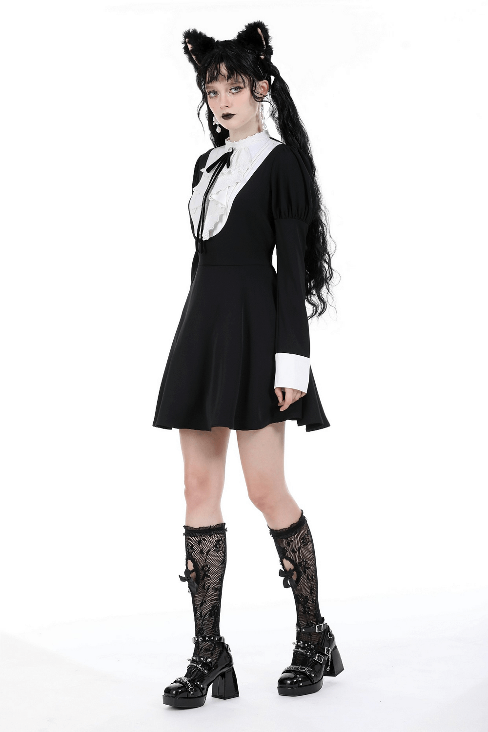 Elegant black long sleeves dress with white ruffled collar and bow detail, perfect for special occasions.