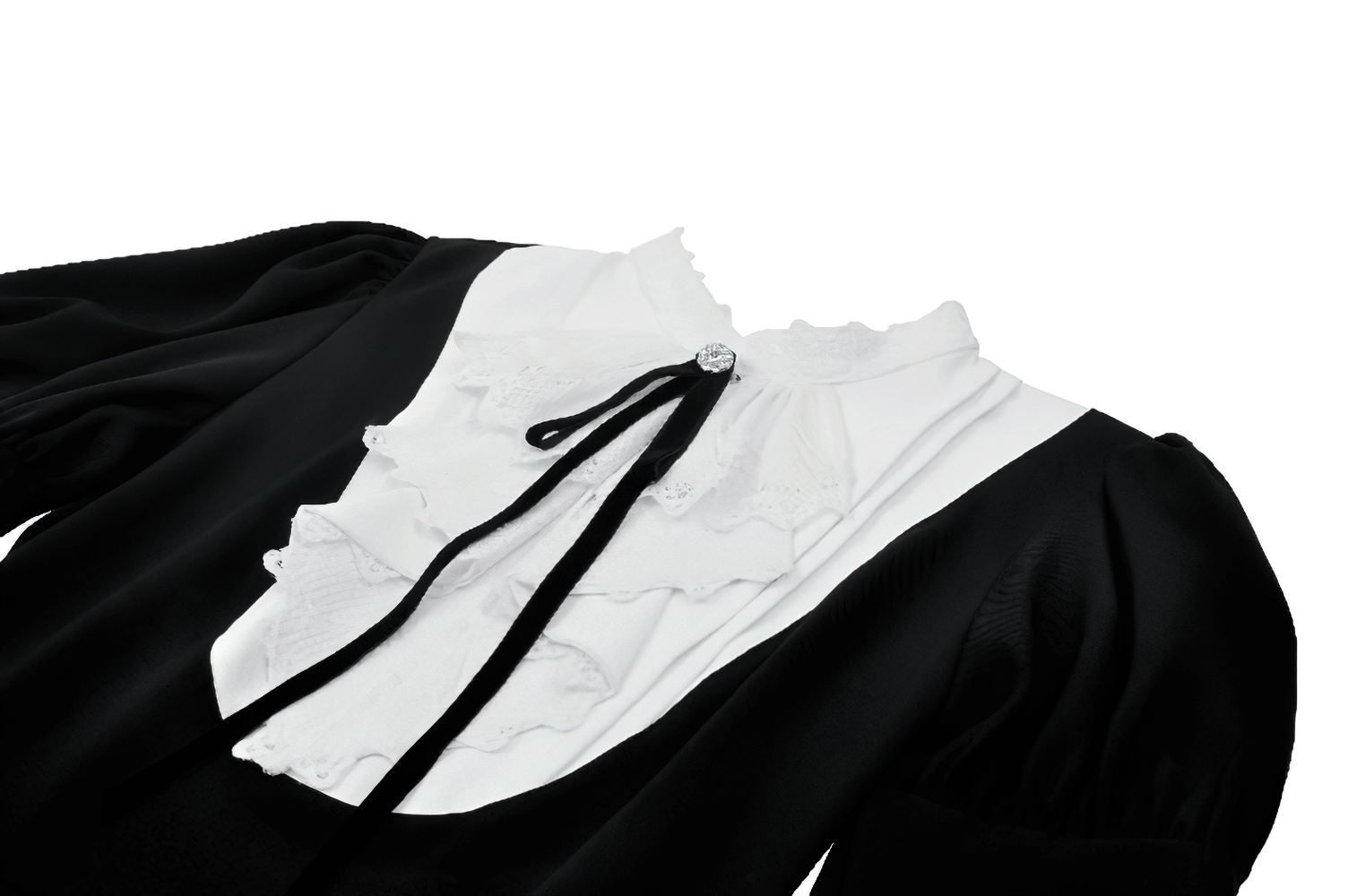 Elegant long sleeve black dress with white ruffled collar and bow detailing, perfect for special occasions.